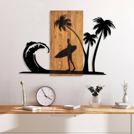 Wallity Surfer Life Accesorio de Pared de Madera y Metal Nogal y Negro